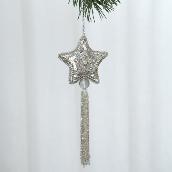 Hand Beaded Star With Tassle — Silver - Empire Home