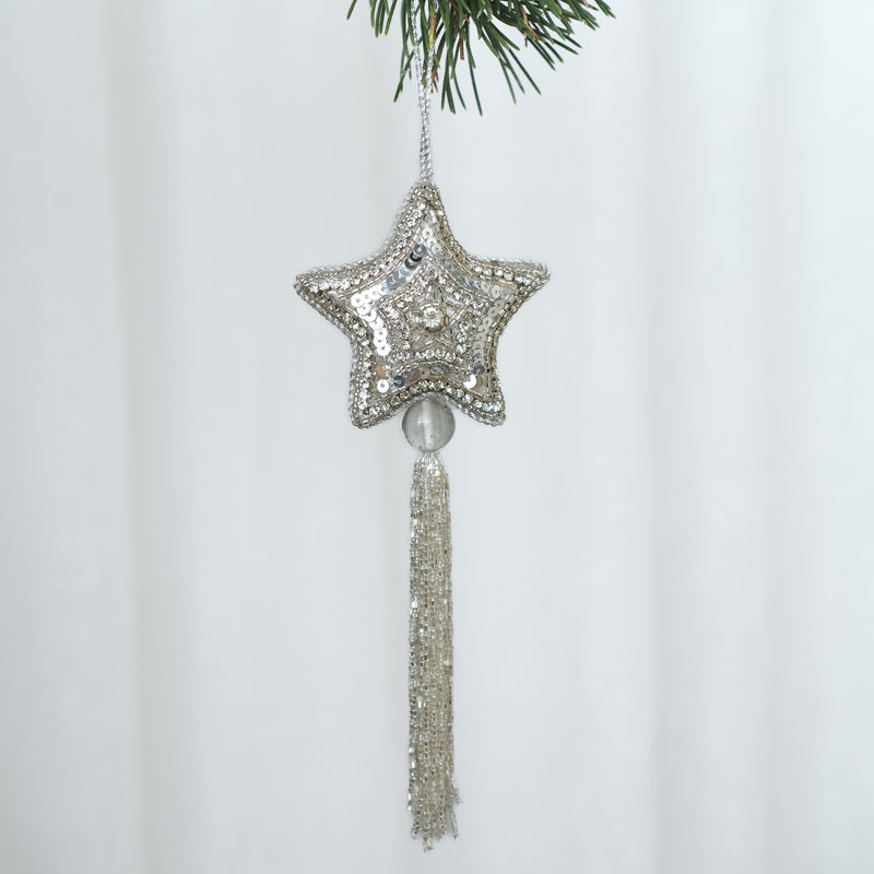 Hand Beaded Star With Tassle — Silver - Empire Home